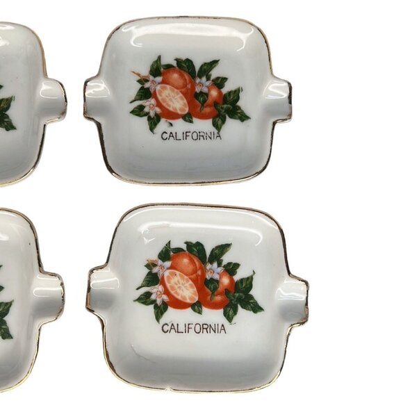 Vintage California Oranges gold trimmed Ashtrays Set of Four in metal holder - Picture 3 of 9